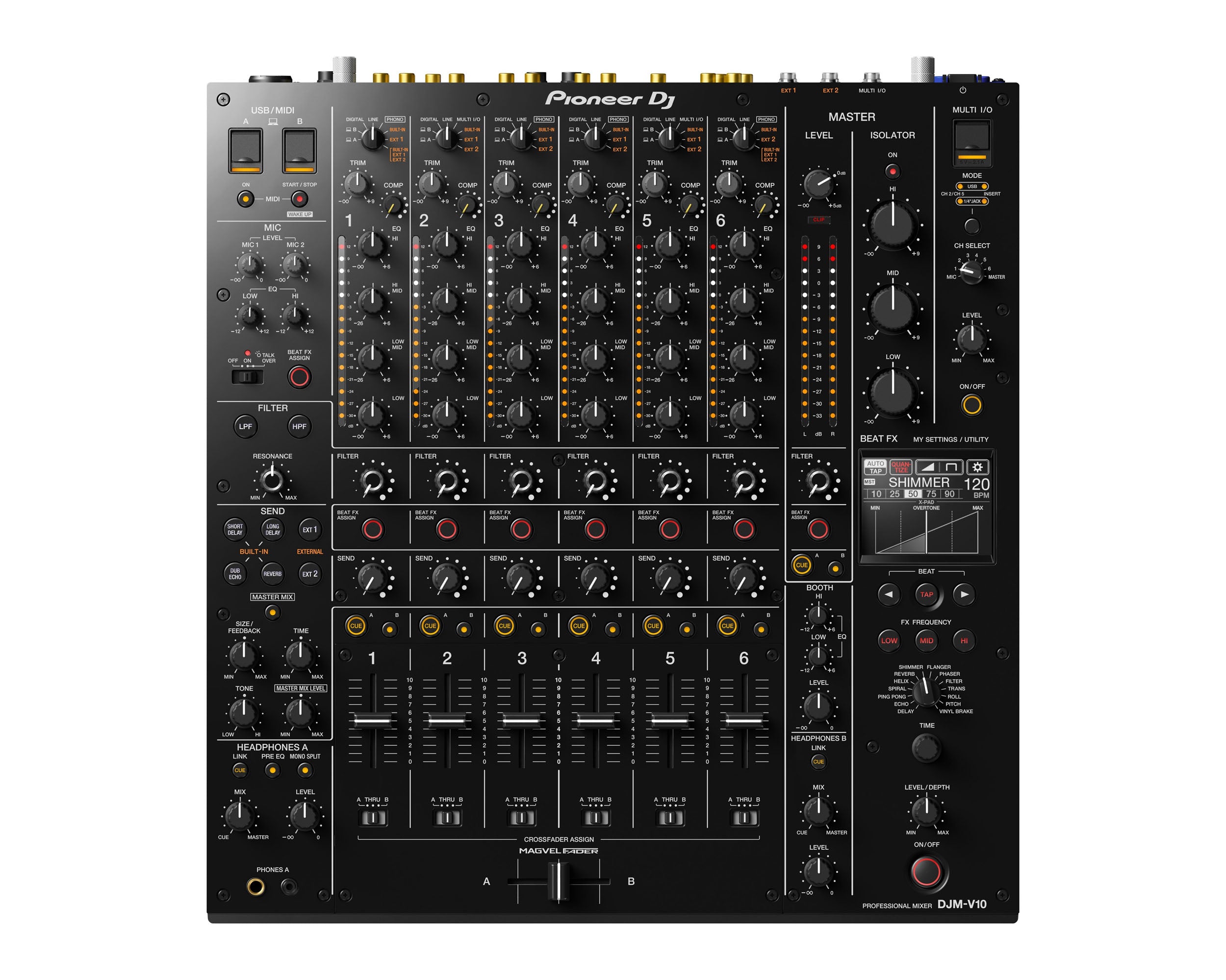 PIODJMV10.P_Pioneer_DJ_DJM-V10_Image_1.jpg Pioneer DJ DJM-V10 6 Channel Pro DJ Mixer 96-Bit / 4-Band EQ - Image 1