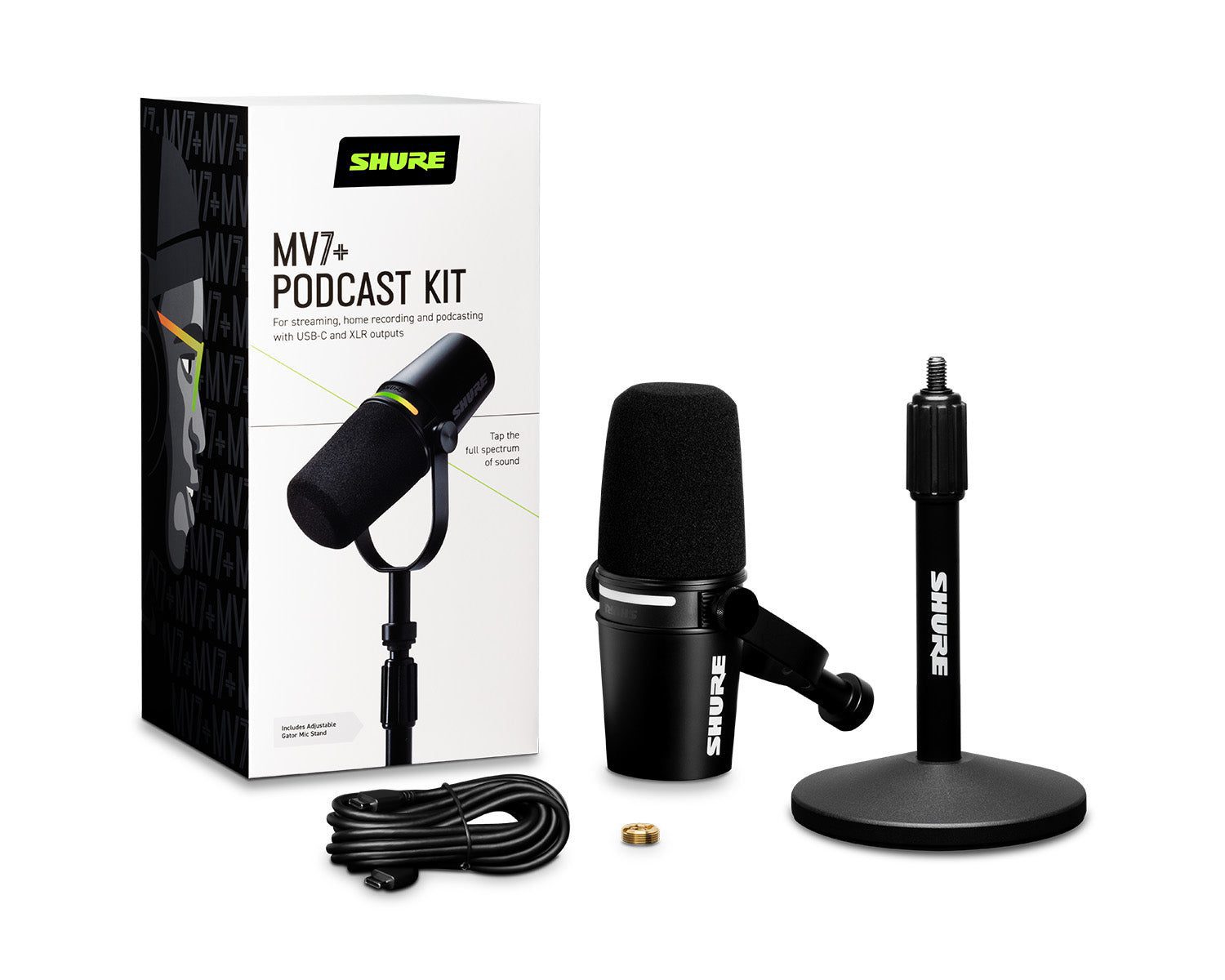 SHUMV7KBNDL_Shure_MV7-K-BNDL_Image_1.jpg Shure MV7+-K-BNDL Dynamic Podcast LED Microphone with Stand Black - Image 1