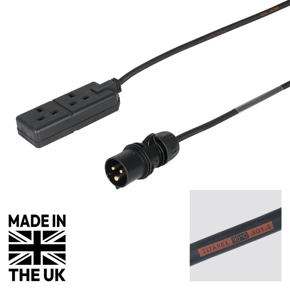 Tourspec 5m 1.5mm PCE Black 16A Plug to 2 Gang 13A Socket Cable Tourspec 5m 1.5mm PCE Black 16A Plug to 2 Gang 13A Socket Cable