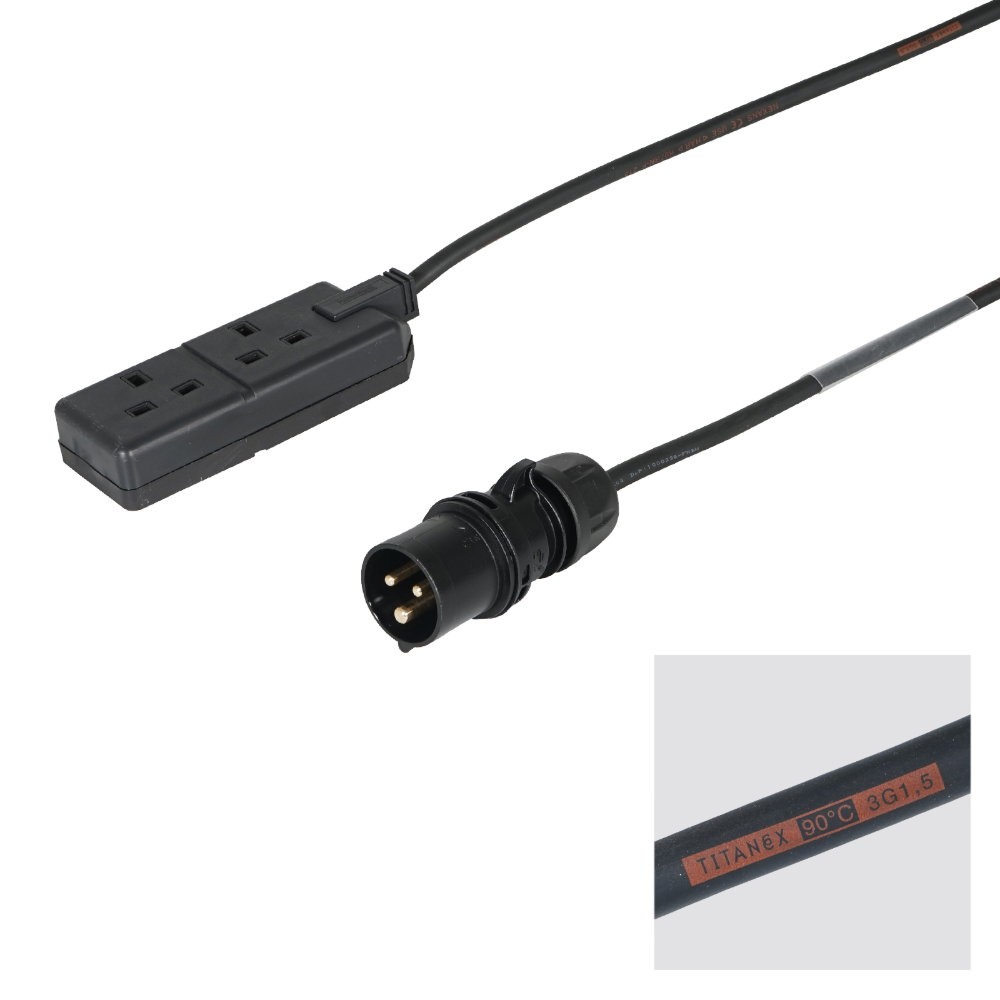 Elumen8 5m 1.5mm PCE Black 16A Plug to 2 Gang 13A Socket Cable Elumen8 5m 1.5mm PCE Black 16A Plug to 2 Gang 13A Socket Cable