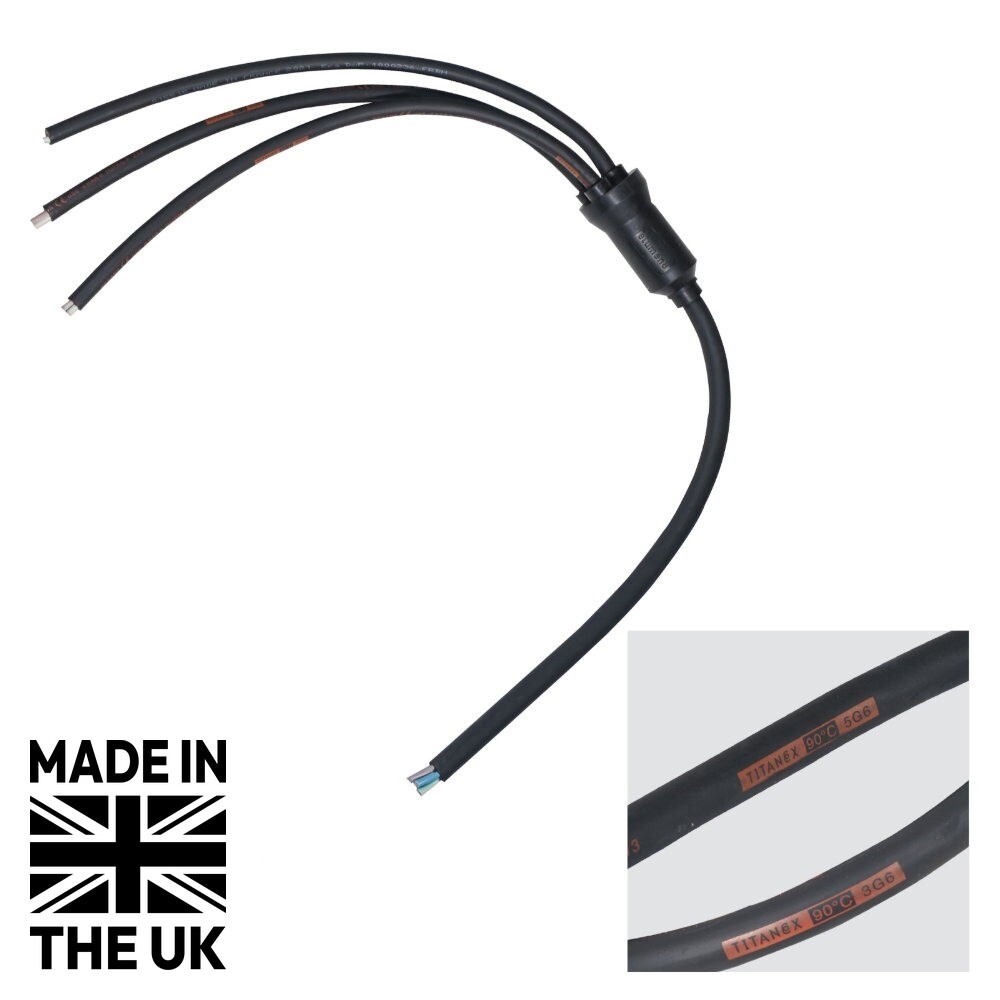 Tourspec Moulded 3Ph Y Split 0.5m Tails - 6mm 5C to 3 x 3C Bare Ends Tourspec Moulded 3Ph Y Split 0.5m Tails - 6mm 5C to 3 x 3C Bare Ends