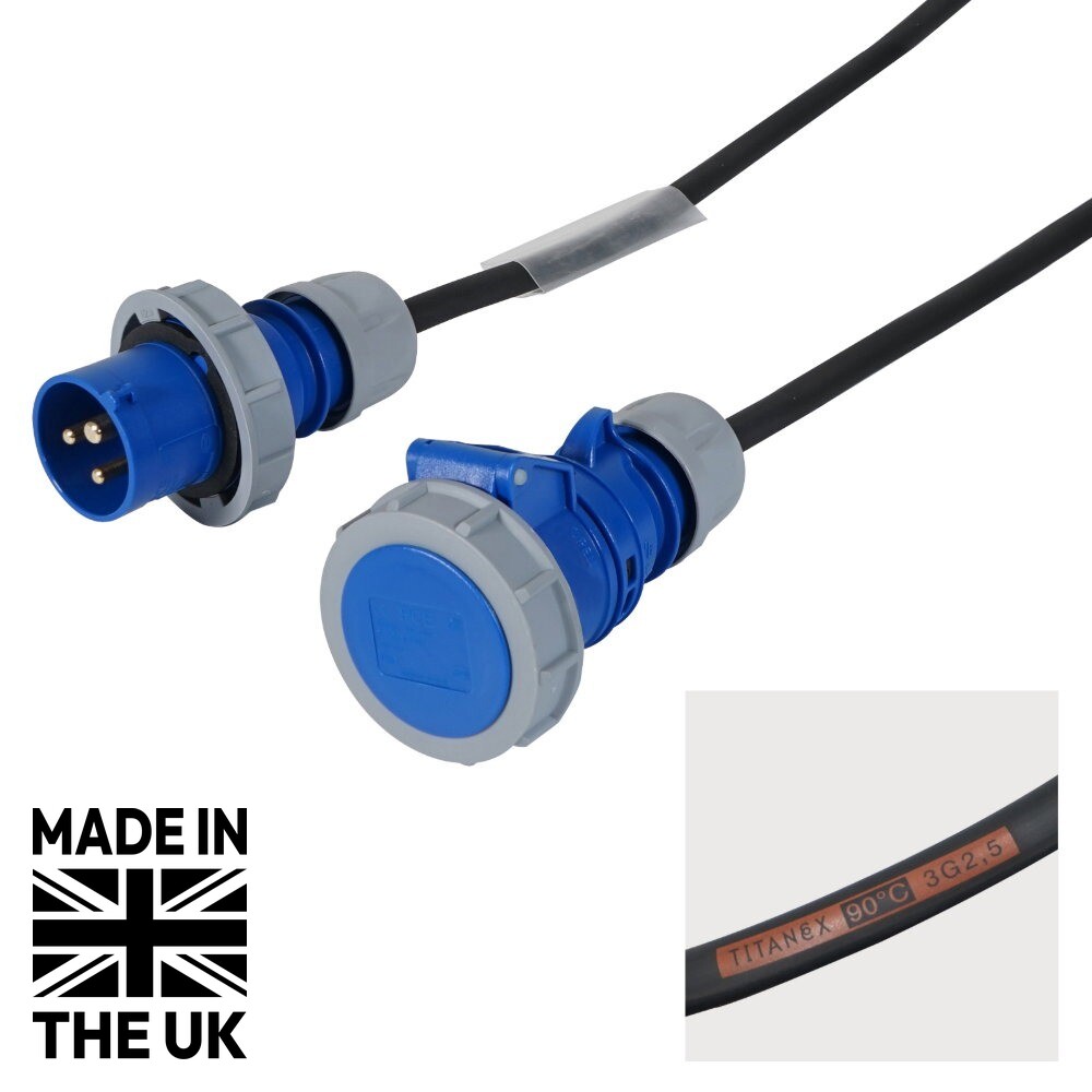 Tourspec 1.5m 2.5mm IP67 Blue 16A Male - 16A Female Cable Tourspec 1.5m 2.5mm IP67 Blue 16A Male - 16A Female Cable