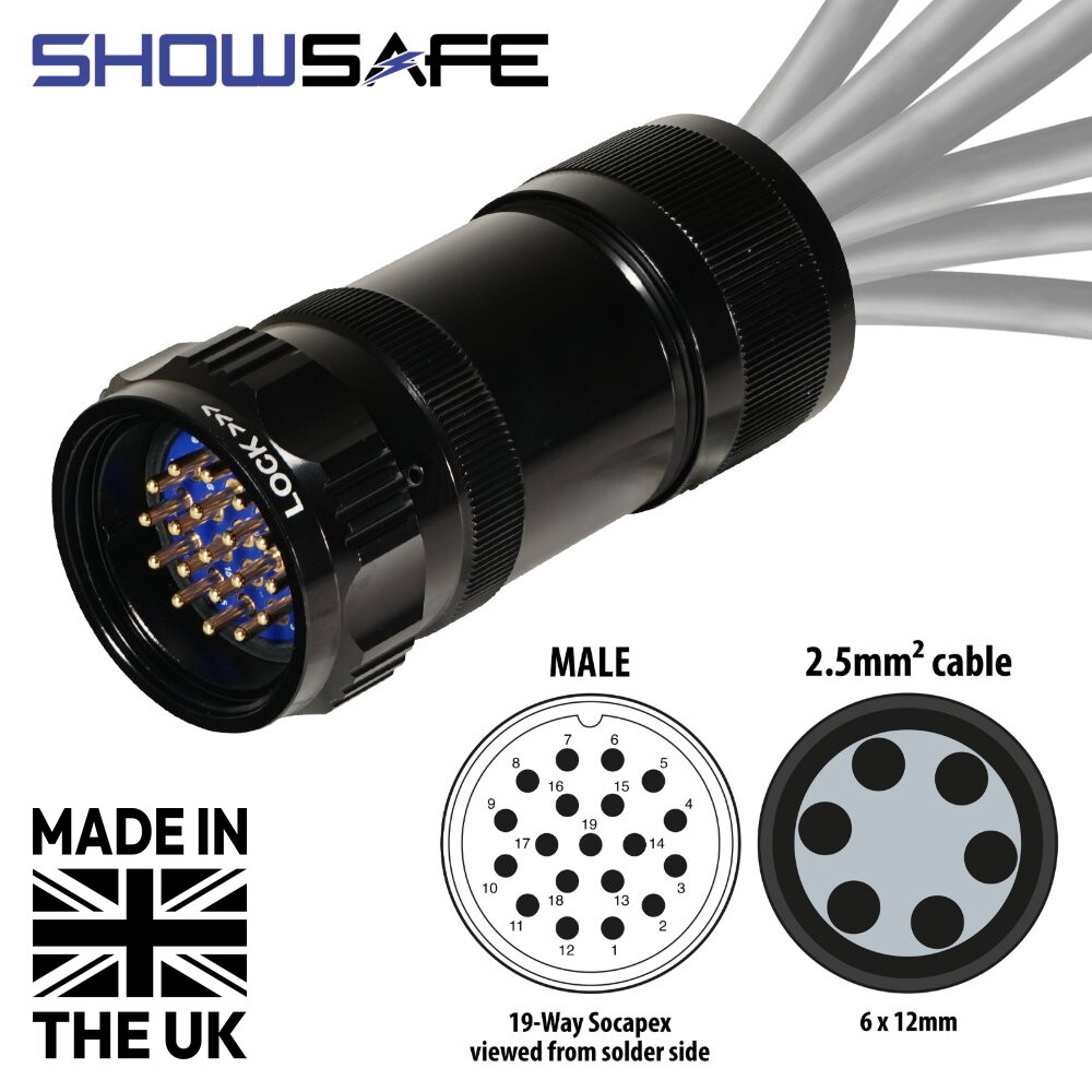 Tourspec Socapex 19-Pin Line Male Plug 6 x 12mm (2.5mm² cable) Numbered Tourspec Socapex 19-Pin Line Male Plug 6 x 12mm (2.5mm² cable) Numbered