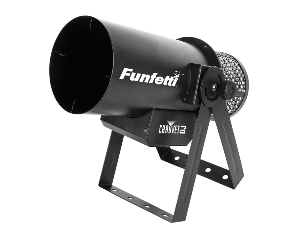 Electric confetti launcher with adjustable mounting yoke