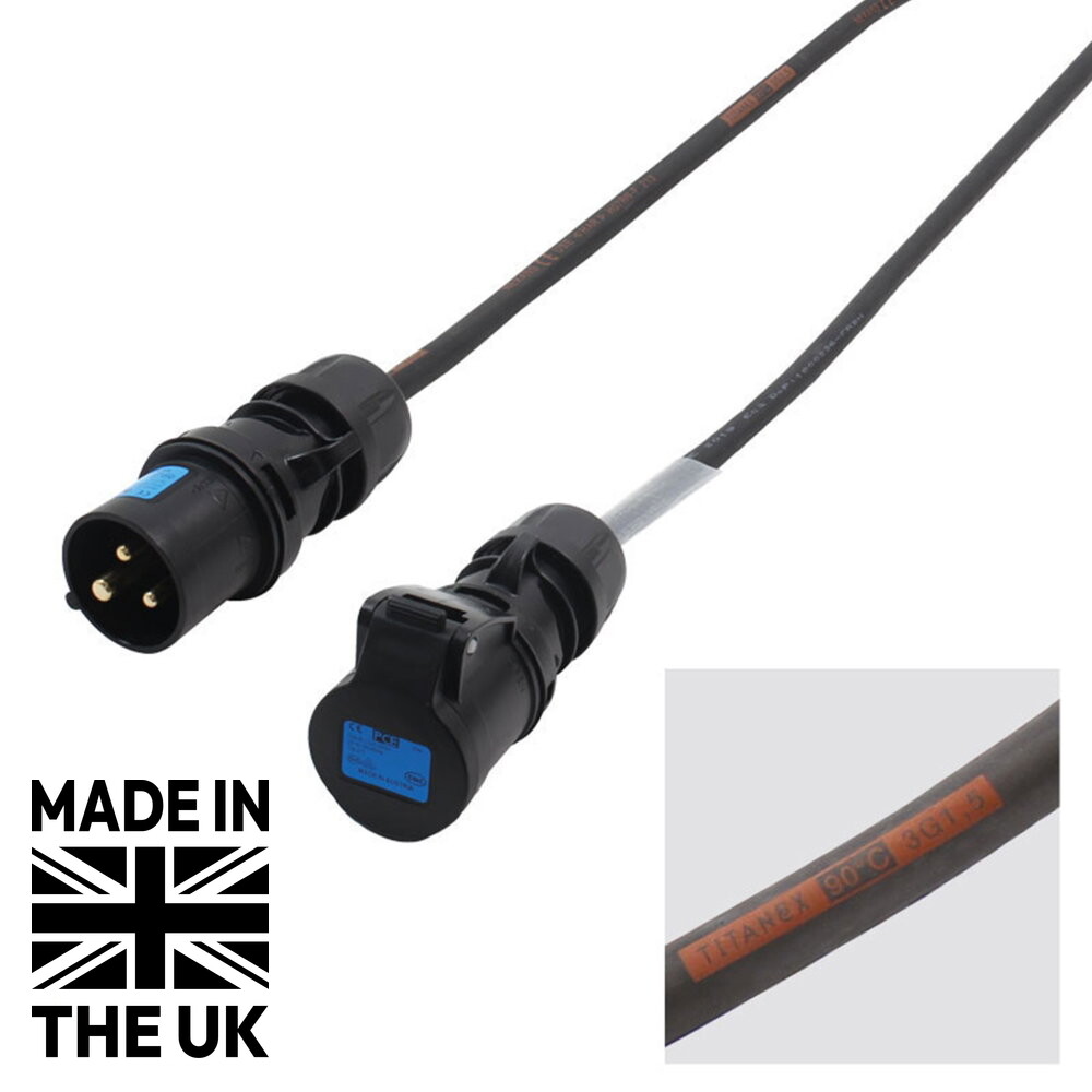 Tourspec 2m 1.5mm 16A Male – 16A Female Cable, PCE Midnight Tourspec 2m 16A Male to 16A Female Power Cable 1.5mm² H07RN-F PCE Midnight (CABL511)