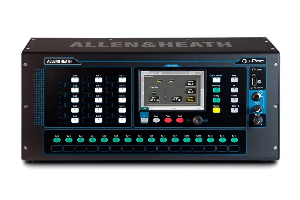 Allen & Heath Qu-Pac Digital Mixer - Front Allen & Heath Qu-Pac portable digital mixer front panel with touchscreen