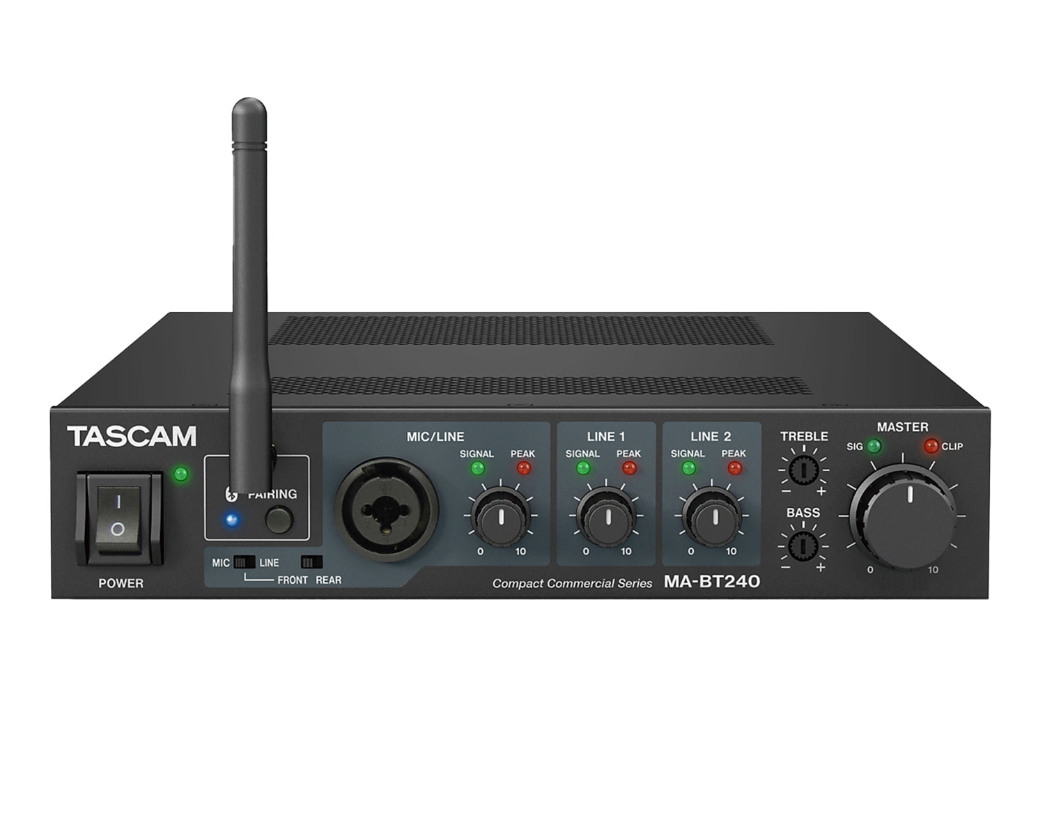 Tascam MA-BT240 Mixing Amplifier with Bluetooth 100V 240W Half 1U Tascam MA-BT240 Mixing Amplifier 240W – 100V Line & Low Impedance, Bluetooth Input