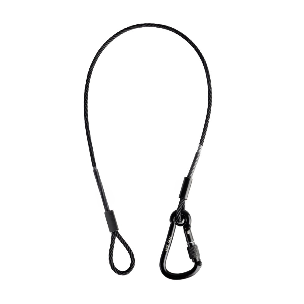 Elumen8 75kg Safety Bond, 5mm Black Wire with Soft Eye and 9kn Asymmetric Carbine, Length 750mm Elumen8 75kg Safety Bond 750mm, 5mm Wire, 9kN Asymmetric Carbine - Image 1