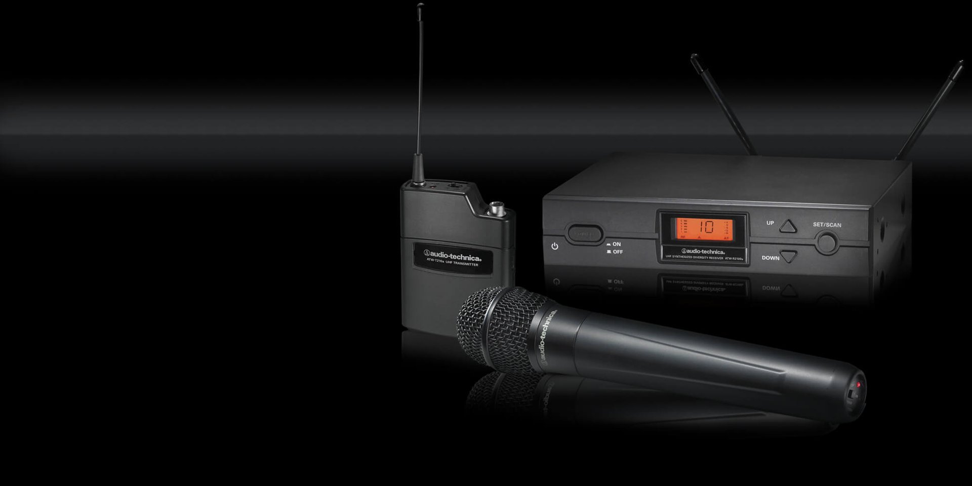 Audio Technica 2000 Series wireless receiver, bodypack and handheld microphone