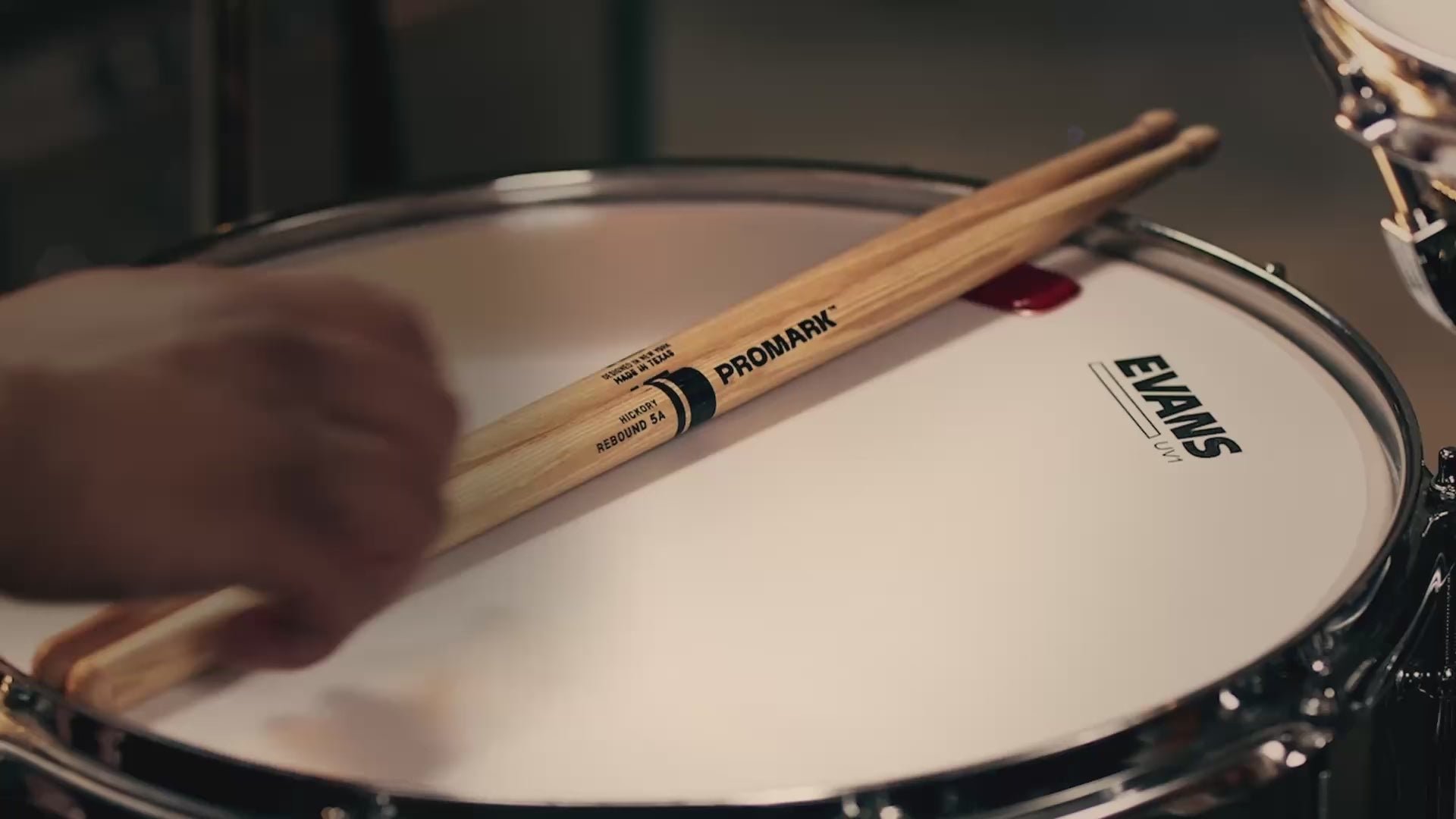 ProMark Rebound 5A drumsticks resting on an Evans snare drum head
