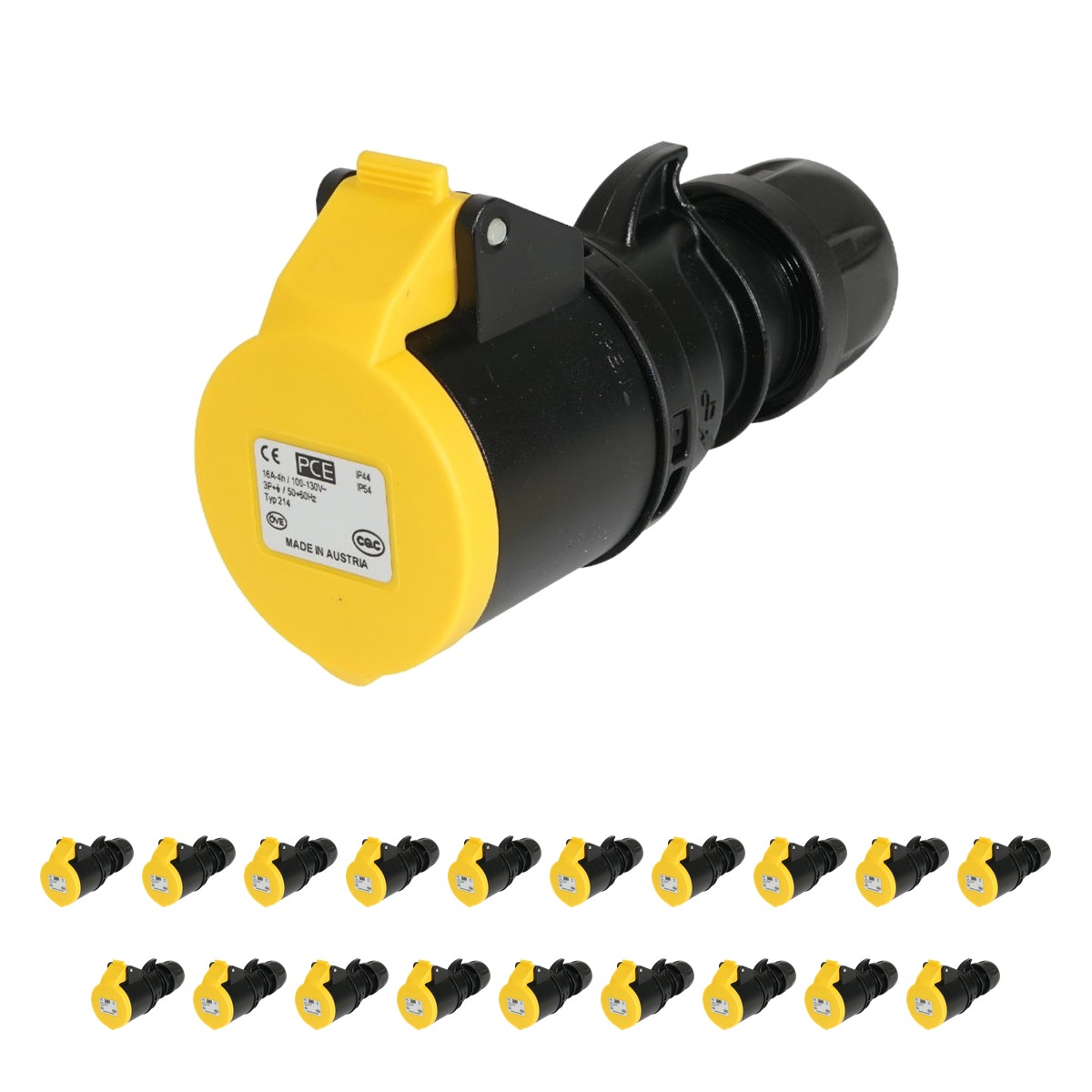 PCE 16A 110V Commando 3 Phase 3P+E Socket Yellow/Black (Pack of 20) PCE 16A 110V Commando 3 Phase 3P+E Socket Yellow/Black (Pack of 20)